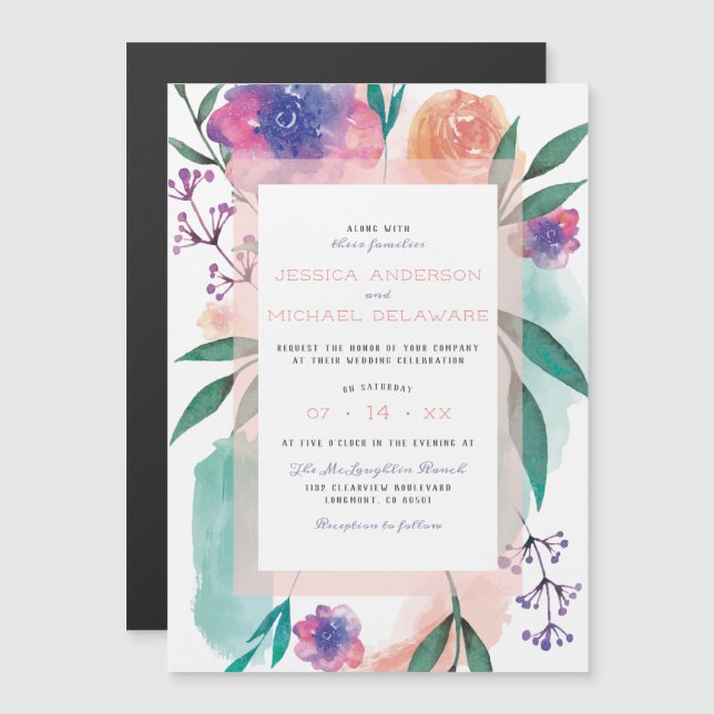 Invitación Magnética Peach & Purple Watercolor Blooms Boda Floral (Anverso/Reverso)