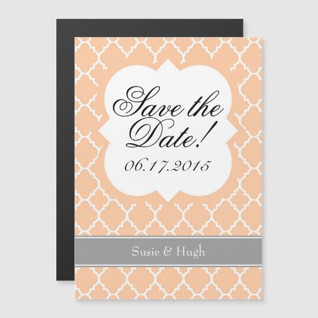 Invitación Magnética Peach White Quatrefoil Save the Date Magnet (Anverso/Reverso)