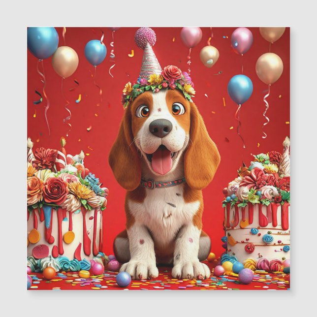Invitación Magnética Perro Beagle Adorable Celebrando El Cumpleaños (Anverso)