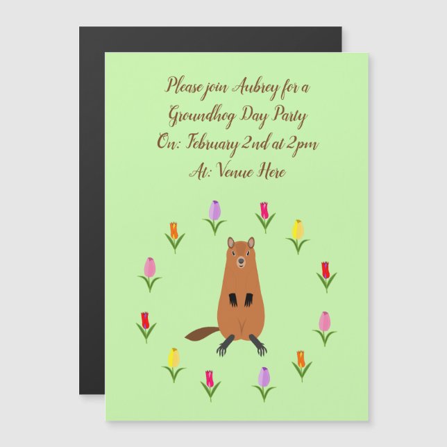 Invitación Magnética Personalizado Cute Groundhog y Tulip Flowers (Anverso/Reverso)