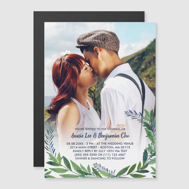 Invitación Magnética Personalizado de Emerald Greenery - Boda fotográfi (Anverso/Reverso)