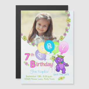 Invitación Magnética Personalizado del oso princesa 7 cumpleaños fiesta