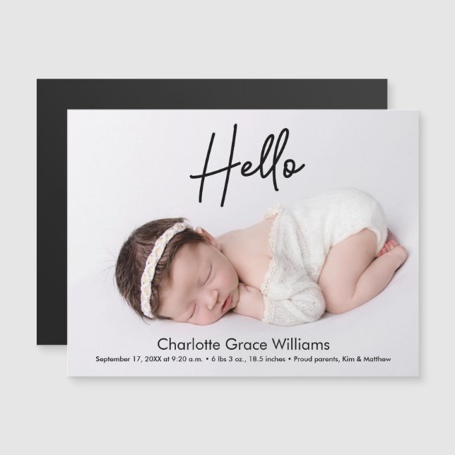 Invitación Magnética Personalizado Hola, anuncio de foto de bebé (Anverso/Reverso)