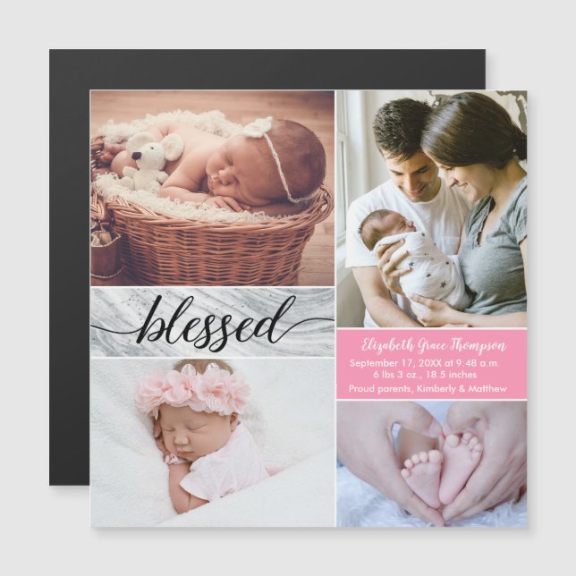 Invitación Magnética Personalizado Marble Pink Blessage Photo collage B (Anverso/Reverso)