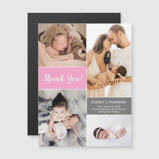 Invitación Magnética Personalizado Rosa 2 Collage de fotos de bebé Grac (Anverso/Reverso)