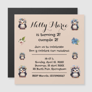 Invitación Magnética Pingüinos Adorables Nombran Texto Bilingüe Español
