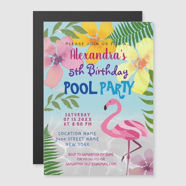 Invitación Magnética Pink Flamingo Pool Fiesta Cumpleaños (Anverso/Reverso)