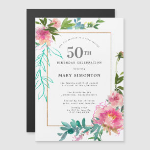 Invitación Magnética Pink Peony Watercolor Floral 50 cumpleaños