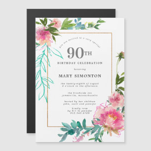 Invitación Magnética Pink Peony Watercolor Floral 90 cumpleaños