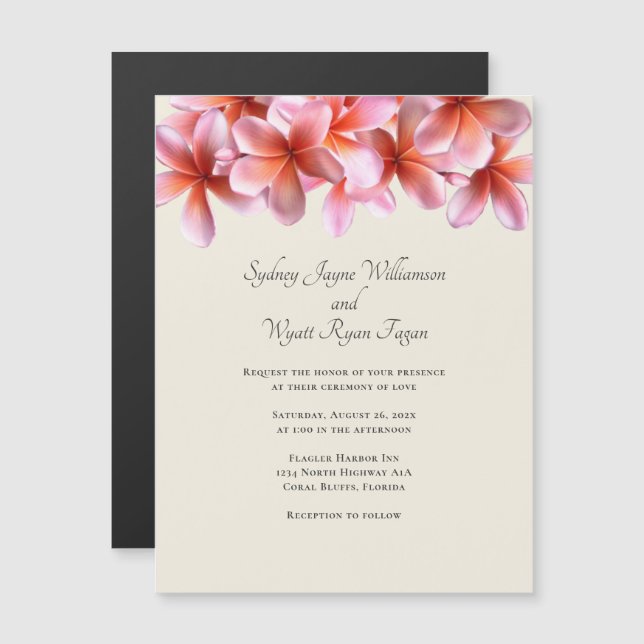 Invitación Magnética Pink Plumeria Real Flowers Border Ecru (Anverso/Reverso)