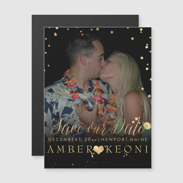 Invitación Magnética PixDezines Faux Gold Confetti/Heart/Save Date (Anverso/Reverso)
