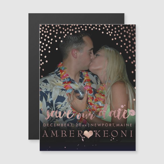 Invitación Magnética PixDezines Faux Rosa Gold Confetti/Heart/Save Date (Anverso/Reverso)