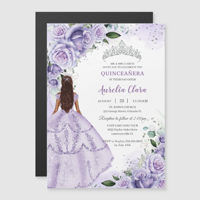 Invitación Magnética Plata Floral de lavanda morada Quinceañera dulce 1 (Anverso/Reverso)