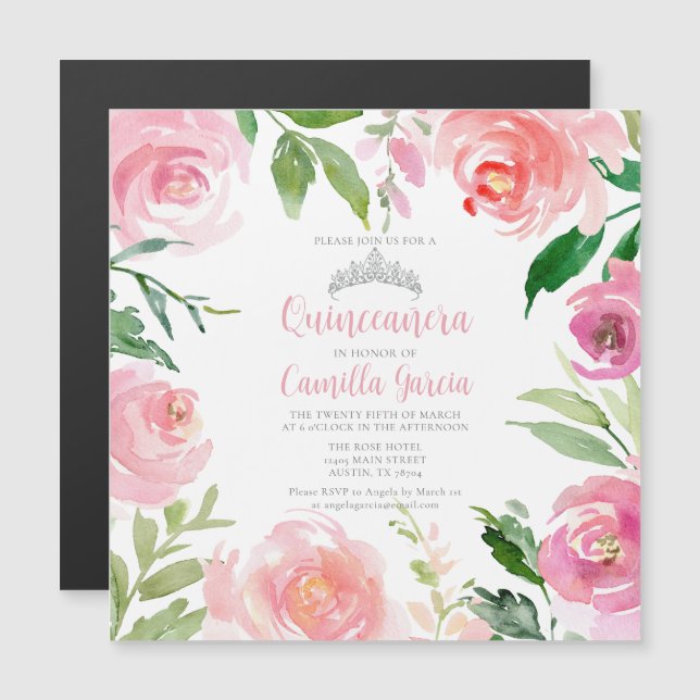 Invitación Magnética Plaza Quinceañera Plata Floral Rosa bonito (Anverso/Reverso)