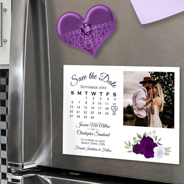 Invitación Magnética Plum Purple Floral Calendar & Photo Save the Date (Subido por el creador)