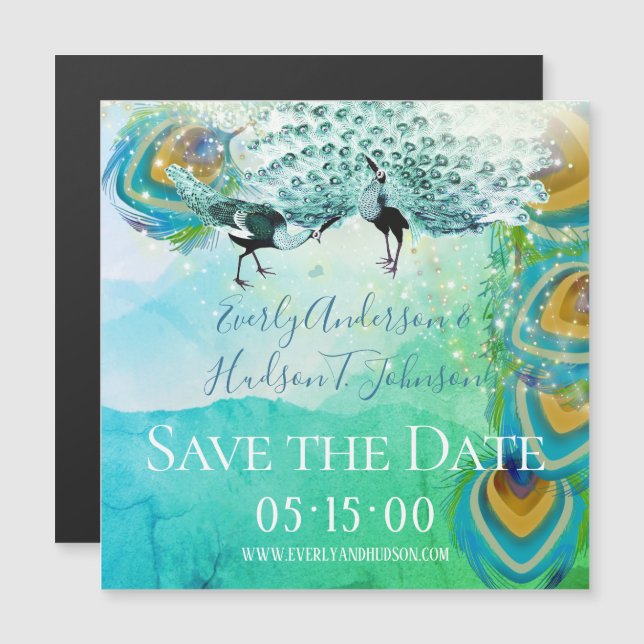 Invitación Magnética Pluma de pavo real azul turquesa verde y cobre (Anverso/Reverso)