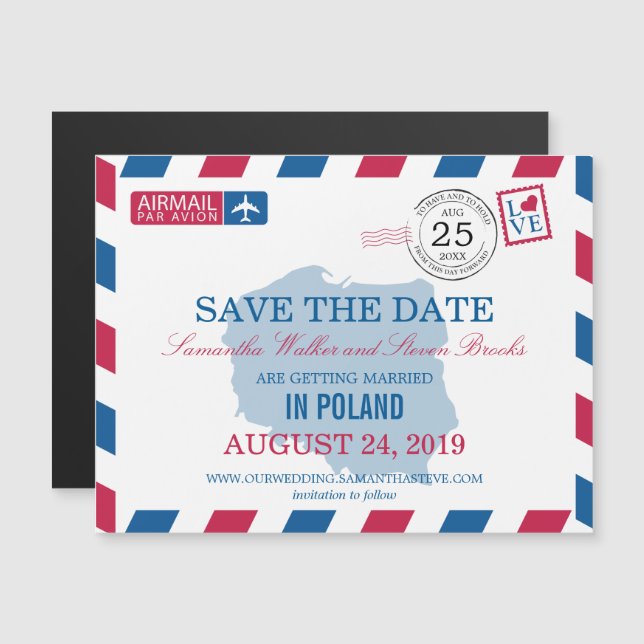Invitación Magnética POLAND Airmail Guardar la fecha (Anverso/Reverso)