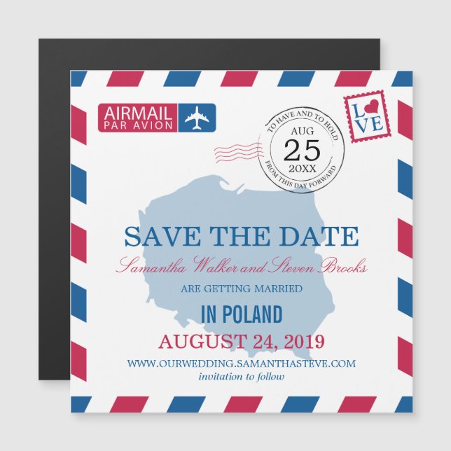 Invitación Magnética POLAND Airmail Guardar la fecha (Anverso/Reverso)