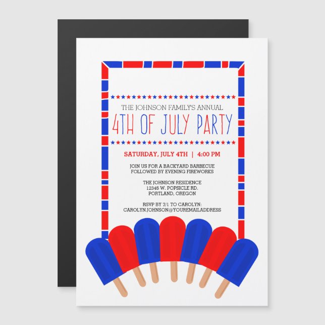 Invitación Magnética Popsicles patrióticos 4 de julio Fiesta (Anverso/Reverso)