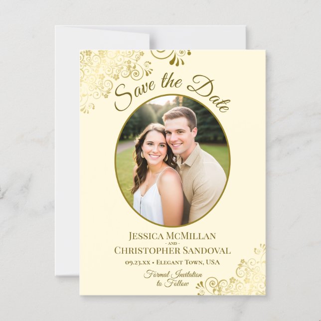 Invitación Magnética Posh Gold & Cream Wedding Save the Date Oval Photo (Anverso)