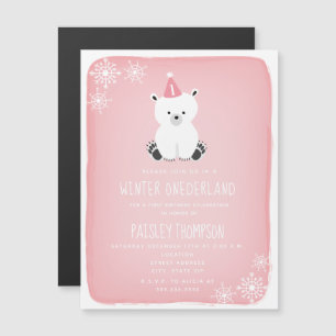 Invitación Magnética Primer cumpleaños del Oso Polar Rosado de Omnéder