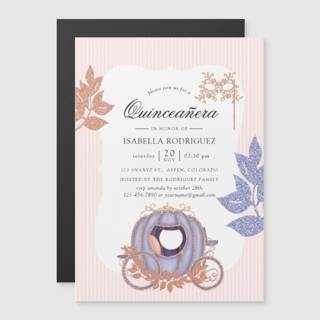 Invitación Magnética Princesa Quinceañera Purpurina Rosa de Oro y Lilac (Anverso/Reverso)