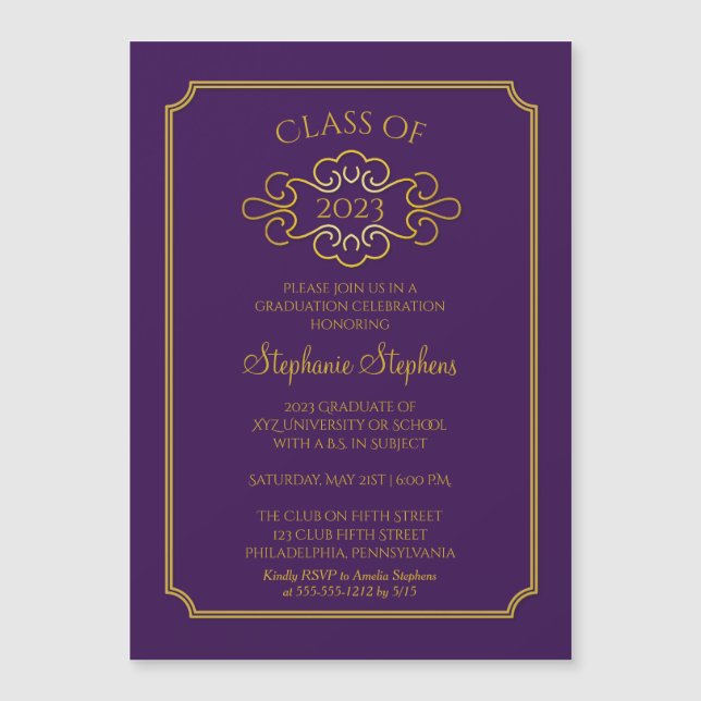 Invitación Magnética Purple elegante | Fiesta De Graduación De Gold Col (Anverso)