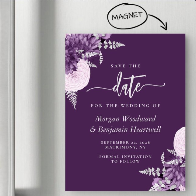 Invitación Magnética Purple Lilac Silver Floral Wedding Save the Date (Subido por el creador)