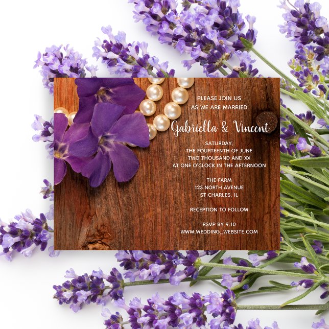 Invitación Magnética Purple Periwinkle Pearls Barn Wood Country Wedding (Subido por el creador)