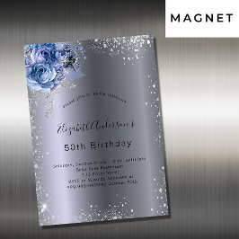 Invitación Magnética Purpurina de flores azules plateadas de cumpleaños