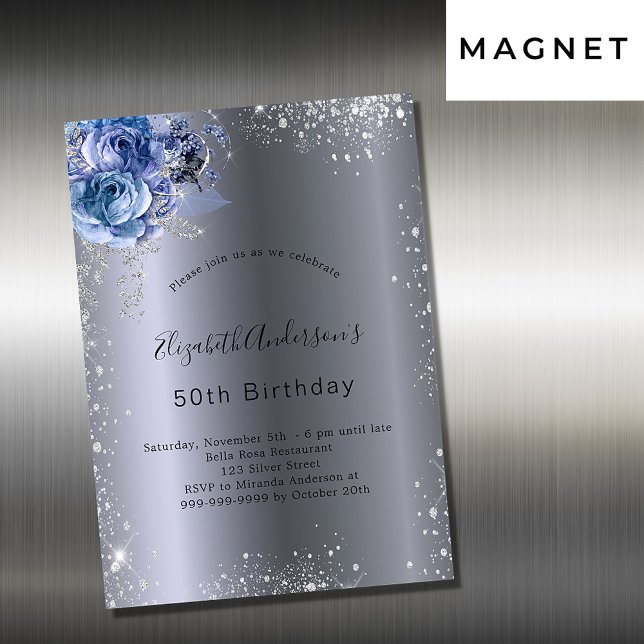 Invitación Magnética Purpurina de flores azules plateadas de cumpleaños (Subido por el creador)