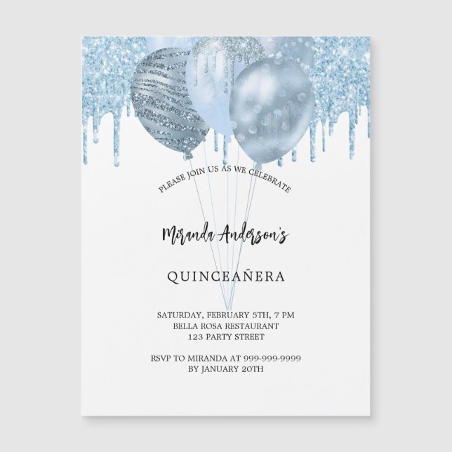 Invitación Magnética Purpurina de los globos azules de Quinceanera (Anverso)
