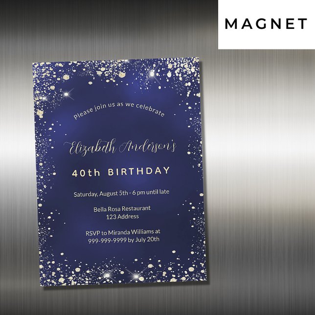 Invitación Magnética Purpurina de oro azul marino de cumpleaños (Subido por el creador)