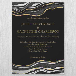 Invitación Magnética Purpurina de oro de Mármol Negro Agate Boda elegan