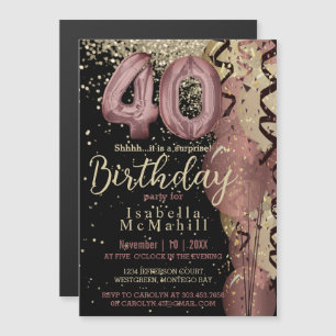 Invitación Magnética Purpurina de oro negro y Rosa 40 cumpleaños