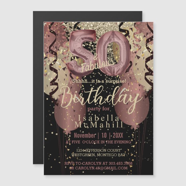 Invitación Magnética Purpurina de oro negro y Rosa 50 cumpleaños (Anverso/Reverso)