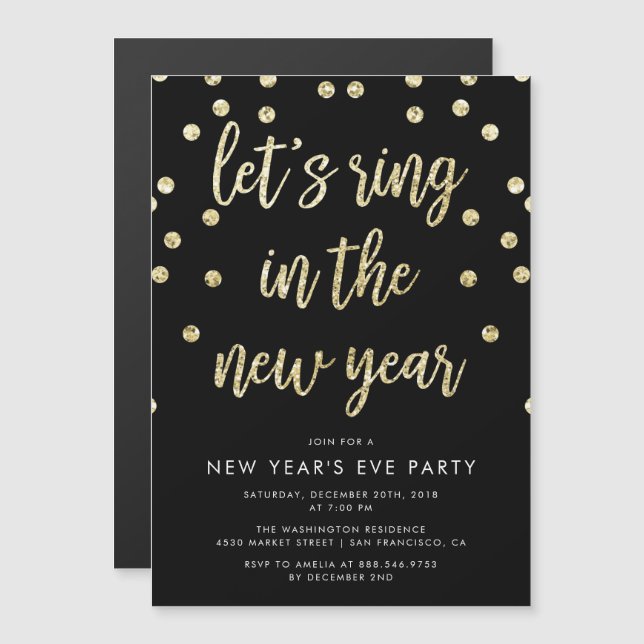 Invitación Magnética Purpurina de oro vamos a cantar en Año Nuevo (Anverso/Reverso)