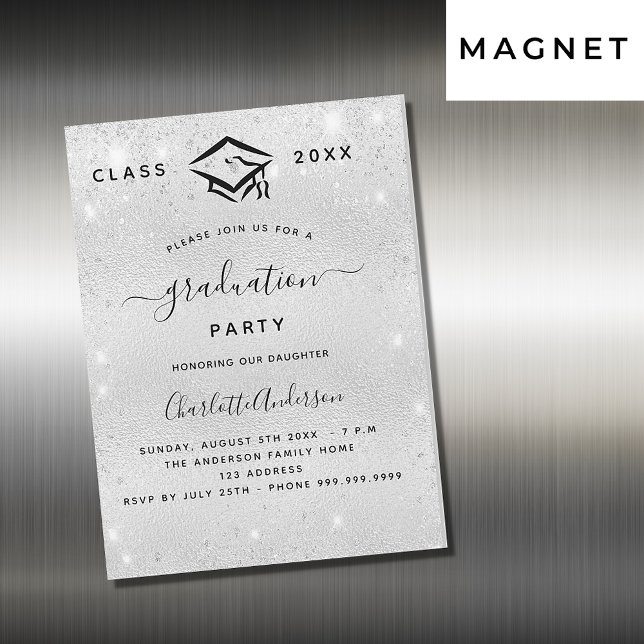 Invitación Magnética Purpurina de plata de graduación lujo moderno (Subido por el creador)