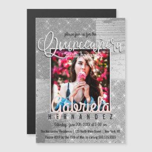 Invitación Magnética Purpurina de plata moderna foto Quinceañera