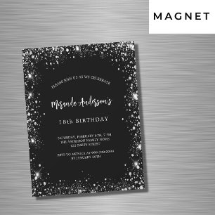 Invitación Magnética Purpurina de plata negra de cumpleaños