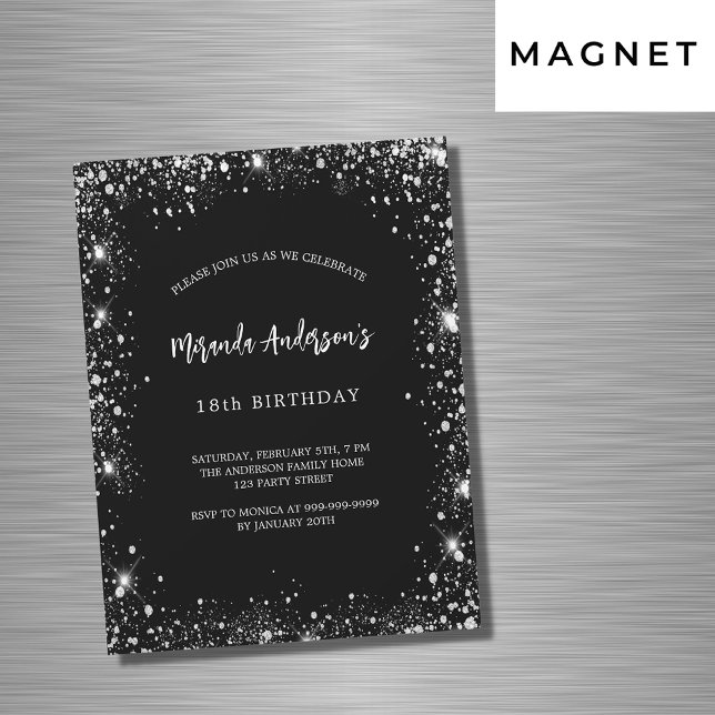 Invitación Magnética Purpurina de plata negra de cumpleaños (Subido por el creador)