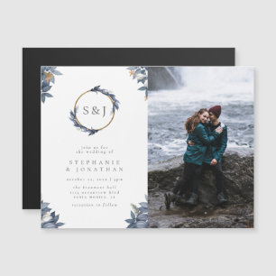 Invitación Magnética Purpurina dorado y Boda azul en monograma