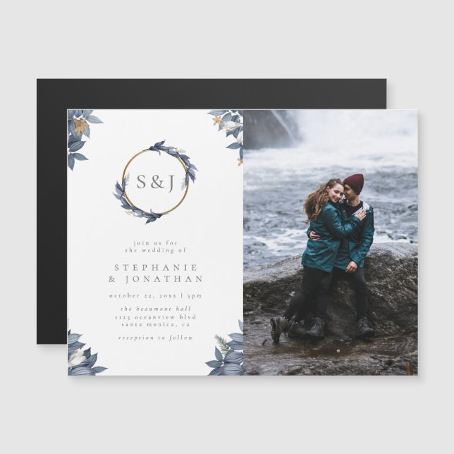 Invitación Magnética Purpurina dorado y Boda azul en monograma (Anverso/Reverso)