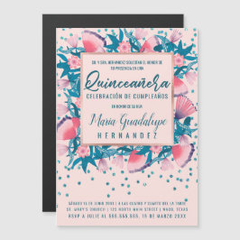 Invitación Magnética Purpurina rosa Confetti Floral Español Quinceañera