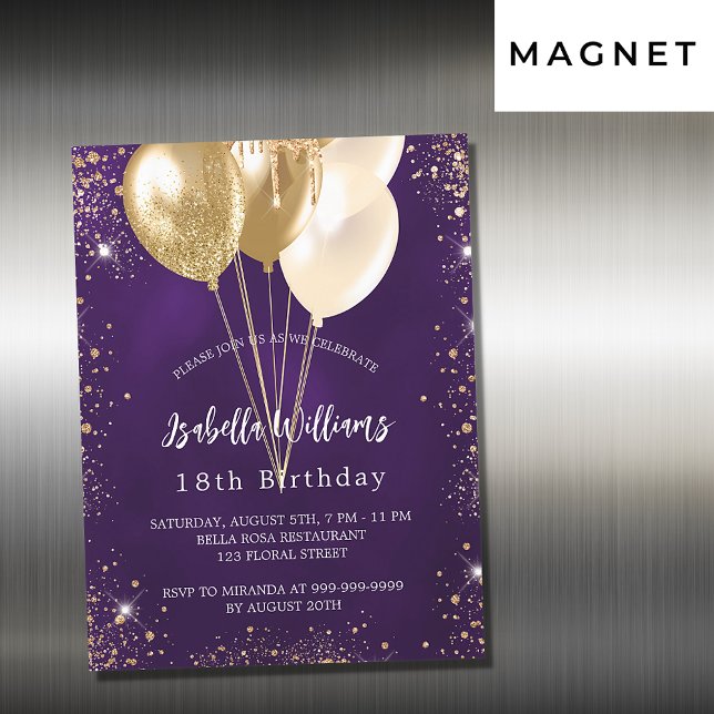 Invitación Magnética Purpurinas de oro morado de cumpleaños de lujo (Subido por el creador)