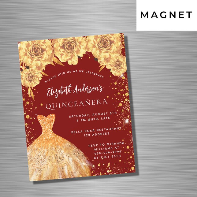 Invitación Magnética Purpurinas de oro rojo Quinceanera rosas de lujo (Subido por el creador)