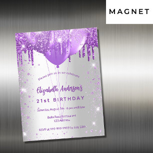 Invitación Magnética Purpurinas morados de plata de cumpleaños de lujo