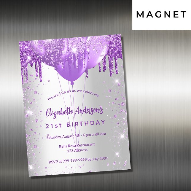 Invitación Magnética Purpurinas morados de plata de cumpleaños de lujo (Subido por el creador)