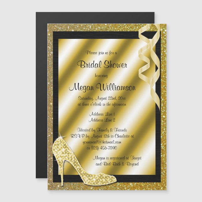 Invitación Magnética Purpurinoso de oro Stiletto & Streamers Ducha de n (Anverso/Reverso)