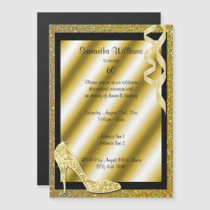 Invitación Magnética Purpurinoso de oro Stiletto y Streamers 60 cumplea